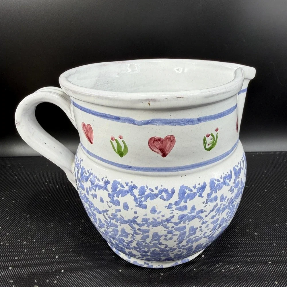 Vintage MM Portugal Hand Painted Terracotta Pitcher Blue‎ Sponge Heart Folk Art